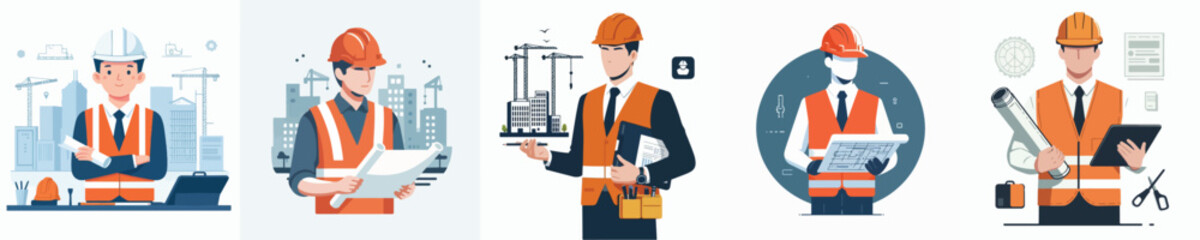 Construction workers wearing safety helmets and orange vests