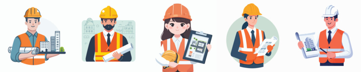 Construction workers wearing safety helmets and orange vests