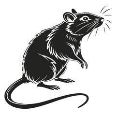 Black Silhouette of Curious Rat Standing, Detailed Fur, Whiskers, Tail Curled, Isolated