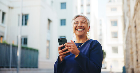 Plakat Smile, portrait and phone with business woman in city for communication, real estate listing and connection. Networking, client feedback and property viewing schedule with mature person outdoor