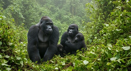 Mountain Gorilla Family in Lush Rainforest
