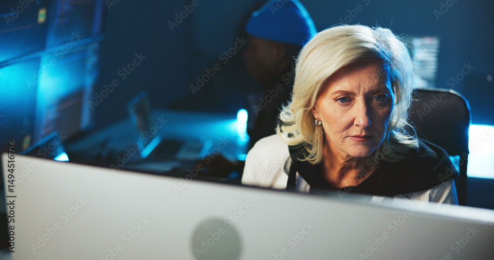 Poster Woman, hacker or reading on computer at night for programming, cyber attack or online information. Mature person, pc or late research for website phishing, data protection or criminal with fraud risk