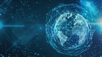 Obraz premium Digital depiction of Earth surrounded by interconnected network lines and data points.