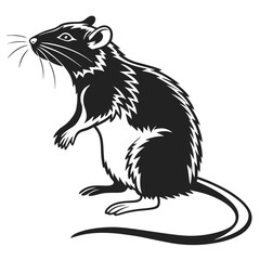 Silhouette of Rat Standing Upright, Rodent with Detailed Fur and Long Whiskers, Isolated