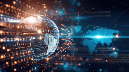 Obraz premium Digital representation of the Earth with glowing data streams and a futuristic world map.