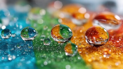 Naklejka premium Macro Water Droplets on Colorful Surface, Capturing Reflection and Texture