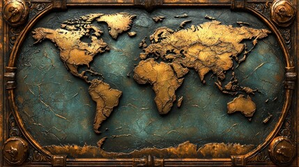 Antique world map embossed in gold, framed in metal