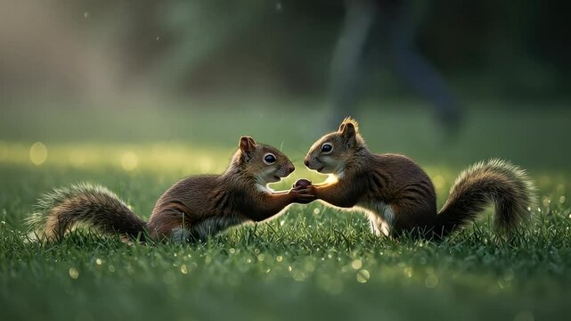 Two squirrels in grassy field reach towards each other with outstretched hands
