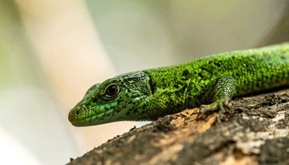 Fototapeta premium Green lizard resting on a tree branch.
