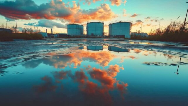 Oil Refinery: A surreal scene of an oil refinery against a mesmerizing sky reflecting in a still body of water, creating an artistic interplay of industry and nature's grandeur.
