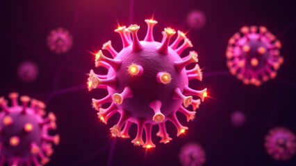 Pink filamentous virus with glowing yellow star appendages, scientific microscopic visualization with grid background.