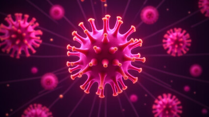 Pink filamentous virus with glowing yellow star appendages, scientific microscopic visualization with grid background.