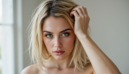 Fototapeta premium Captivating blonde, a portrait of woman with stunning hair, emphasizing beauty and elegance