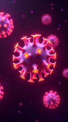 Pink filamentous virus with glowing yellow star appendages, scientific microscopic visualization with grid background.
