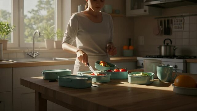 Woman packs healthy lunch in teal boxes in a sunlit kitchen for meal prep