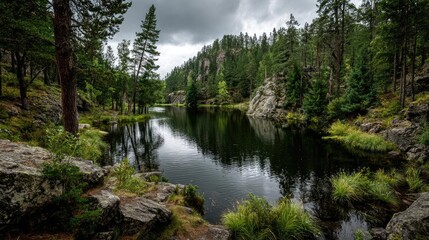 Scenic view of lake in pine forest with tree and rock concept. Serene lake surrounded by lush greenery and rocky formations.