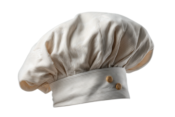 PNG Classic white chef hat with gold buttons on black background