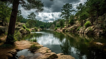 Scenic view of lake in pine forest with tree and rock concept. A serene river reflecting the sky amid lush green forests.