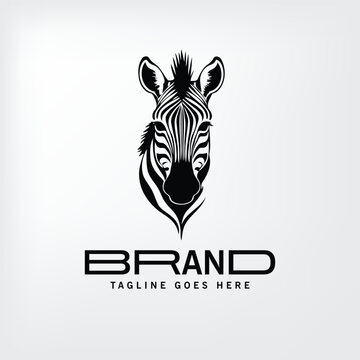 Zebra logo design in black and white; minimalist design for company branding. Stylized zebra head graphic against a plain background.