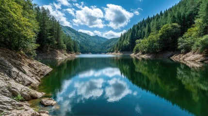 Scenic view of lake in pine forest near beautiful mountain concept. Serene lake surrounded by lush green forests and blue sky.