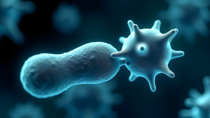 Glowing bacillus and geometric virus in microscopic detail, cyan outlines against dark background with bokeh microbes.