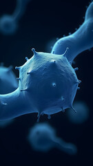 Glowing bacillus and geometric virus in microscopic detail, cyan outlines against dark background with bokeh microbes.