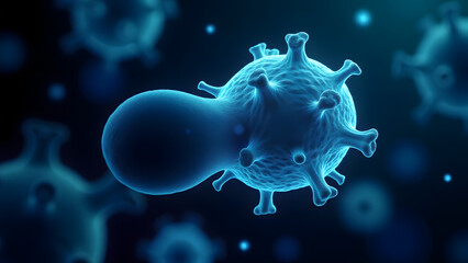 Glowing bacillus and geometric virus in microscopic detail, cyan outlines against dark background with bokeh microbes.