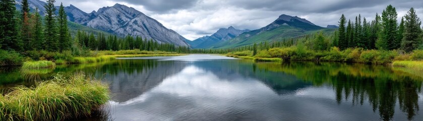 Fototapeta premium Scenic view of lake in pine forest with water and mountain concept. Serene mountain lake reflecting majestic peaks and lush greenery.