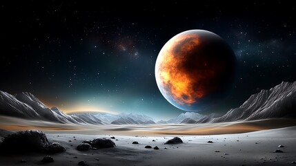 artist ' s rendering of an alien landscape with a planet in the distance