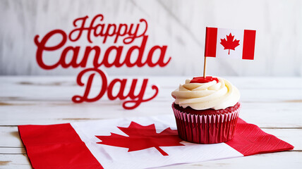 Happy Canada Day for Celebration with Cupcake and Canadian Flag