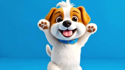 Cute little cartoon puppy funny running on hind legs and smiling. Happy joyful white dog on blue background. Funny children's animation with dog - Powered by Adobe