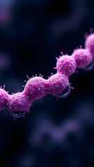 Chain bacteria and spiral virus glowing magenta under microscope, contrasting linear and helical forms.