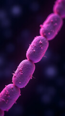 Chain bacteria and spiral virus glowing magenta under microscope, contrasting linear and helical forms.