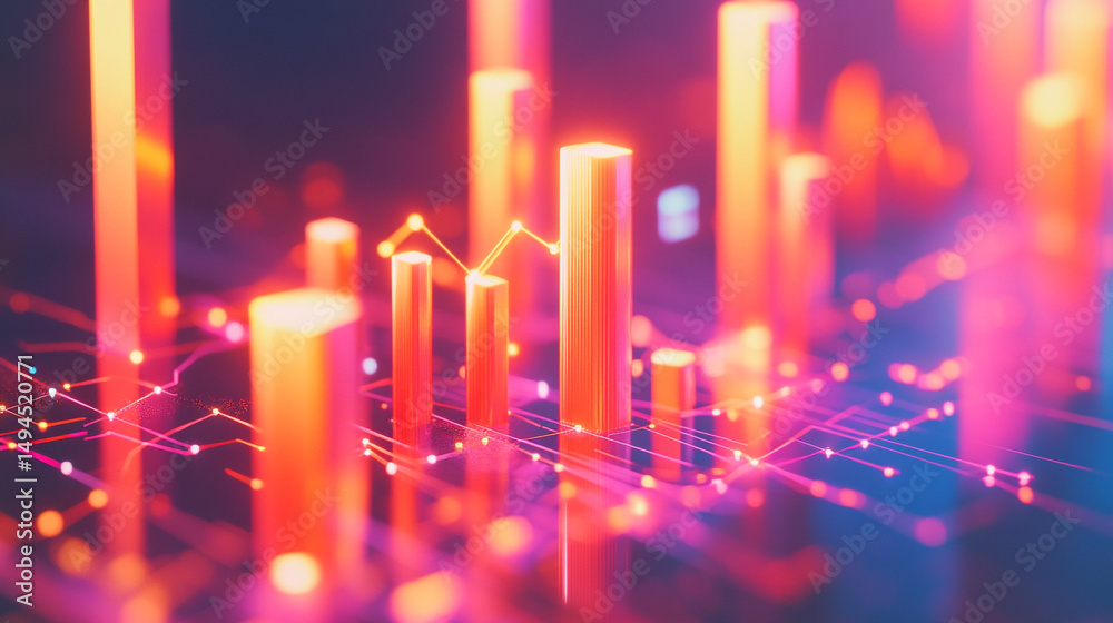 Poster abstract glowing bar graph with connecting lines and points in red and purple colors background