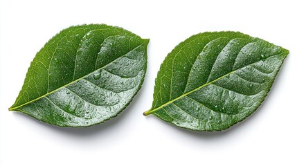 Obraz premium Two Lush Green Leaves with Dew Drops