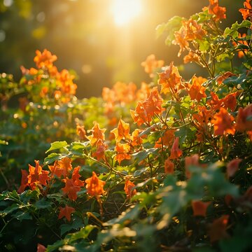 The image captures a vibrant garden scene with clusters of orange flowers basking in the warm glow of the sun.