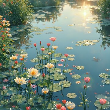 The image features a serene pond with water lilies and flowers, reflecting the sunlight as it sets, with the sun's rays creating a tranquil atmosphere.