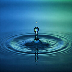 Crystal Clear Water Drop Splashing with Blue and Green Ripple Effect
