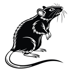 Silhouette of Standing Rat, Black Rodent Mammal Animal with Detailed Whisker, Tail