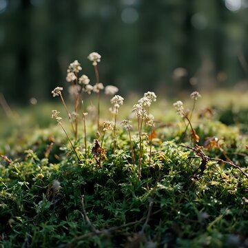 The image features a close-up of delicate white flowers with brown stems emerging from a carpet of lush green foliage, set against a blurred natural background.