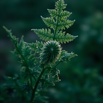 A close-up of a fern-like plant with a large, spiky green flower or seed head in the center, set against a blurred green background.