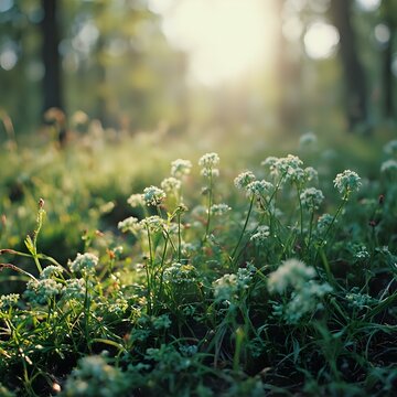 The image features a close-up view of a field of delicate white flowers with a warm, sunlit background.