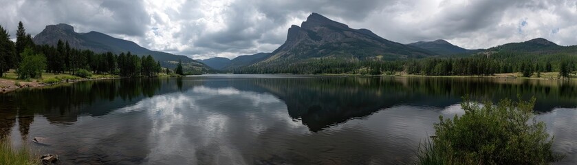 Fototapeta premium Scenic view of lake in pine forest with water and mountain concept. A serene mountain landscape reflecting on a calm lake under clouds.