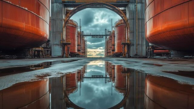 Industrial Landscape: A striking capture of an industrial setting, featuring large storage tanks and a reflective water surface under a dramatic sky, evoking a sense of power and vastness.