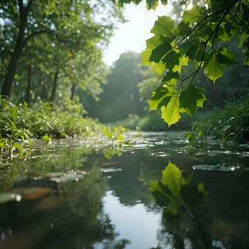 A tranquil forest scene with a shallow body of water reflecting the verdant foliage, including trees and leaves in various shades of green.