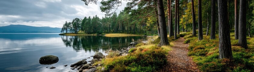 Obraz premium Scenic view of lake in pine forest near beautiful mountain concept. Peaceful lake surrounded by lush green trees and scenic paths.