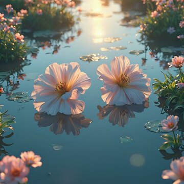 The image captures a tranquil scene of two delicate pink flowers, their petals gleaming in the soft light, floating on a serene pond.
