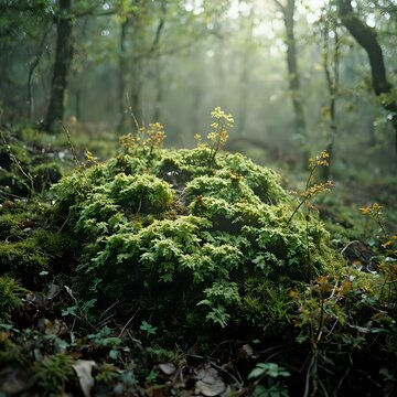 The image shows a lush forest floor covered with a dense layer of green moss and small yellow flowers, with the background slightly blurred to emphasize the foreground.