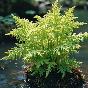 A close-up image of a vibrant green plant with numerous fronds, situated in a water-filled area with a blurred background suggesting a natural setting.