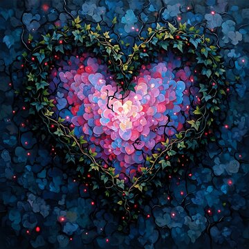 The image features a heart-shaped arrangement of multicolored flowers set against a dark background with twinkling lights and a dense pattern of ivy.
